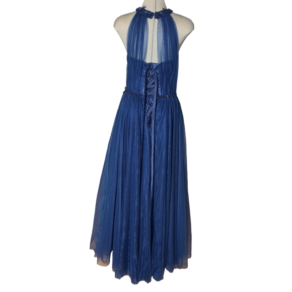 Luxury Designer Blue Beaded Embroidery Illusion Halter \ Ball Gown Blue Size S - Picture 9 of 16